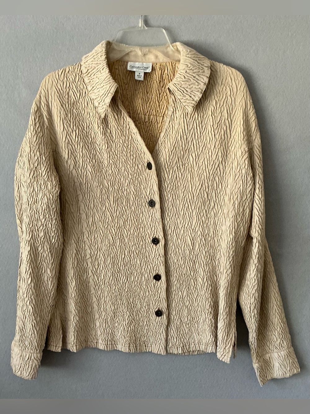Coldwater Creek Textured Crinkle Shirt Jacket M Beige Coastal Grandma Boho Top